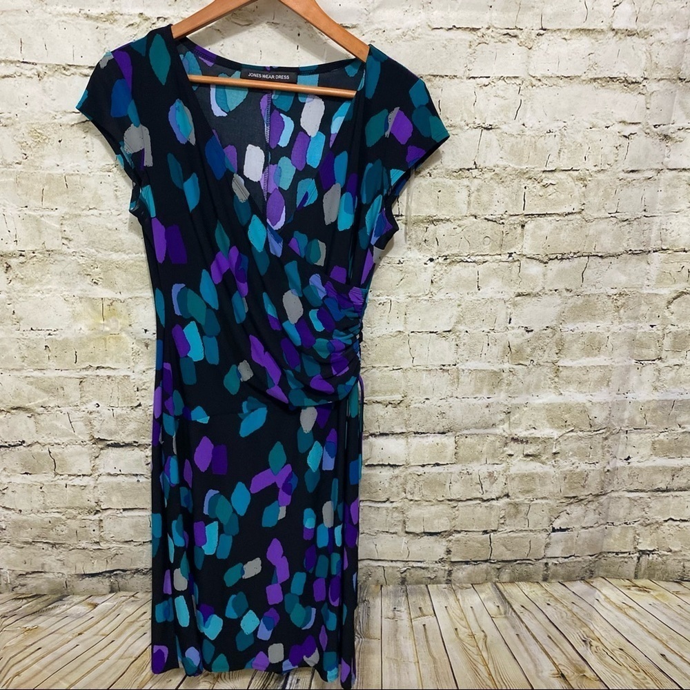 Jones Wear Black Purple Geometric Print V Neck Faux Wrap Dress